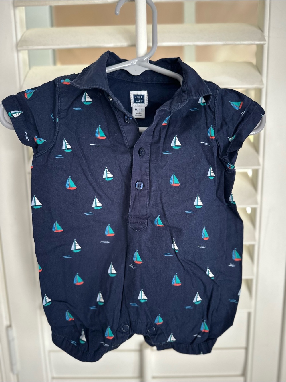 Janie and Jack Navy Sailboat Print Baby Romper 0-3 Months